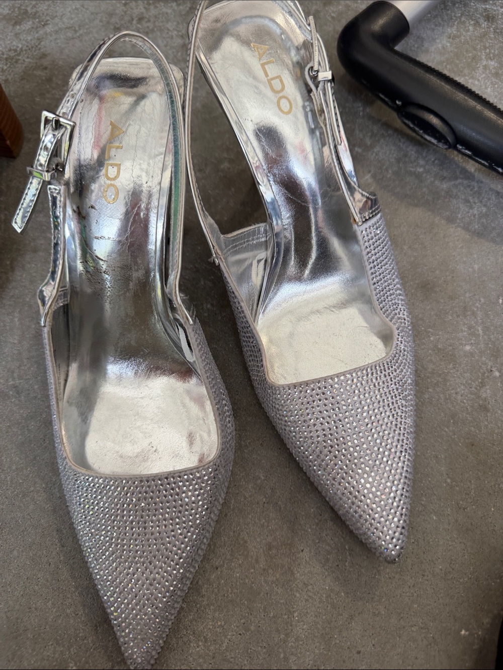 Aldo Silver Crystal Slingback Pointed-Toe Heels